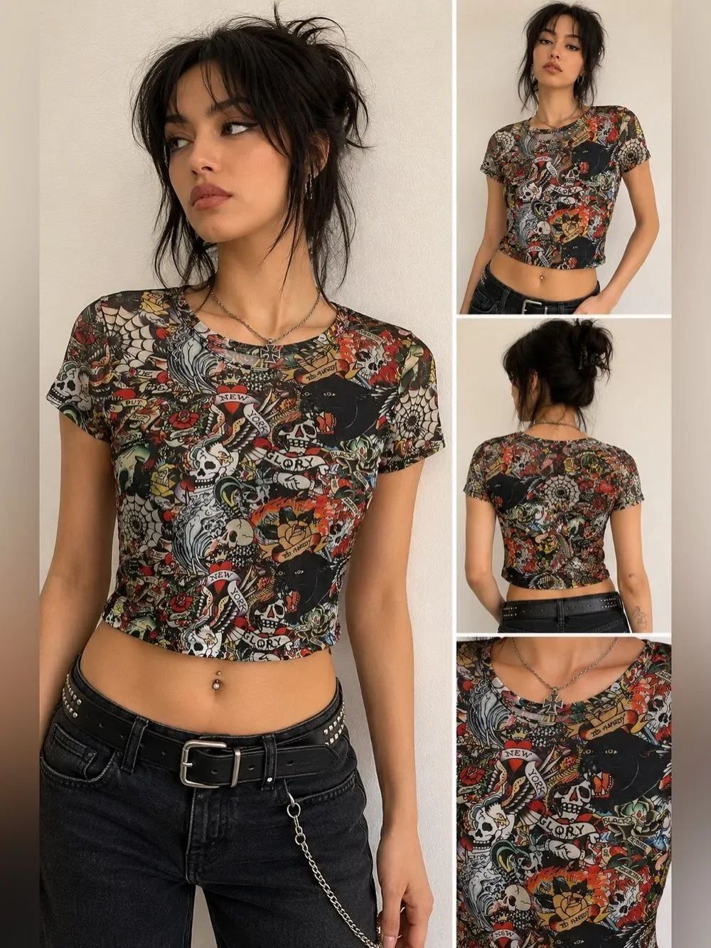 Ed Hardy Tattoo Print Mesh Crop Top Y2K Gothic Skulls Panther Roses Size Medium